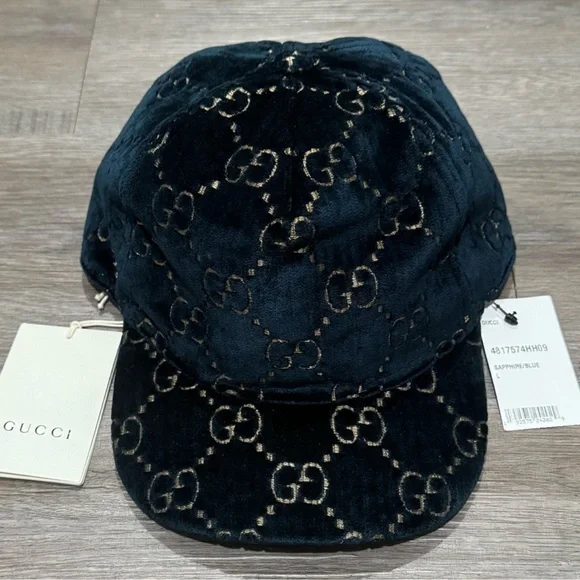 Gucci Double GG Logo Sapphire Blue Gold Velvet Baseball Cap Hat - Picture 2 of 14
